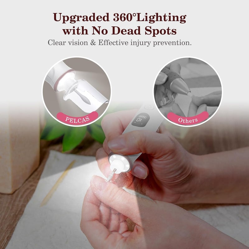 PELCAS Electric Nail File, 10 Speeds Cordless Nail Drill with LED Light, Portable Manicure and Pedicure Kit, Nail Grinder with LCD Screen for Human, Pet, Thick Toenails, Natural & Acrylic Nails - Image 4